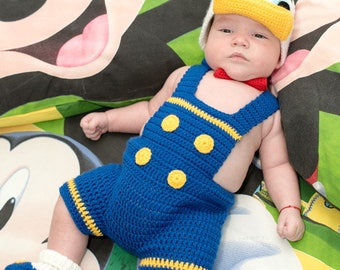 Donald Duck costume,hat Donald Duch,crocheted booties,baby boys'clothing,costume for photo props,newborn costume