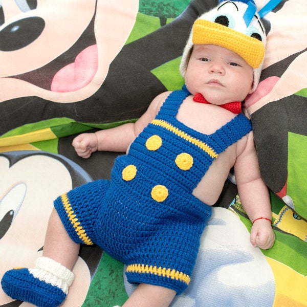 Donald Duck costume,hat Donald Duch,crocheted booties,baby boys'clothing,costume for photo props,newborn costume