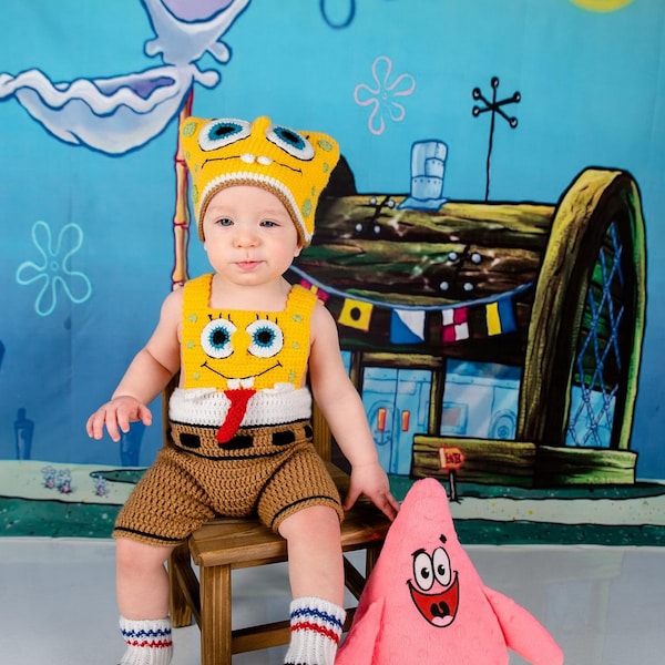 Spongebob costume,Photo props costume,babys'cloting, crochet hat Spongebob,costume for newborn