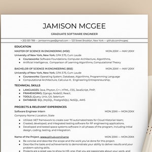 Puede incluir: Un currículum vitae para Jamison McGee, un ingeniero de software graduado. El currículum enumera su educación, habilidades técnicas y experiencia laboral. Incluye su información de contacto y enlaces a su correo electrónico y perfil de GitHub.
