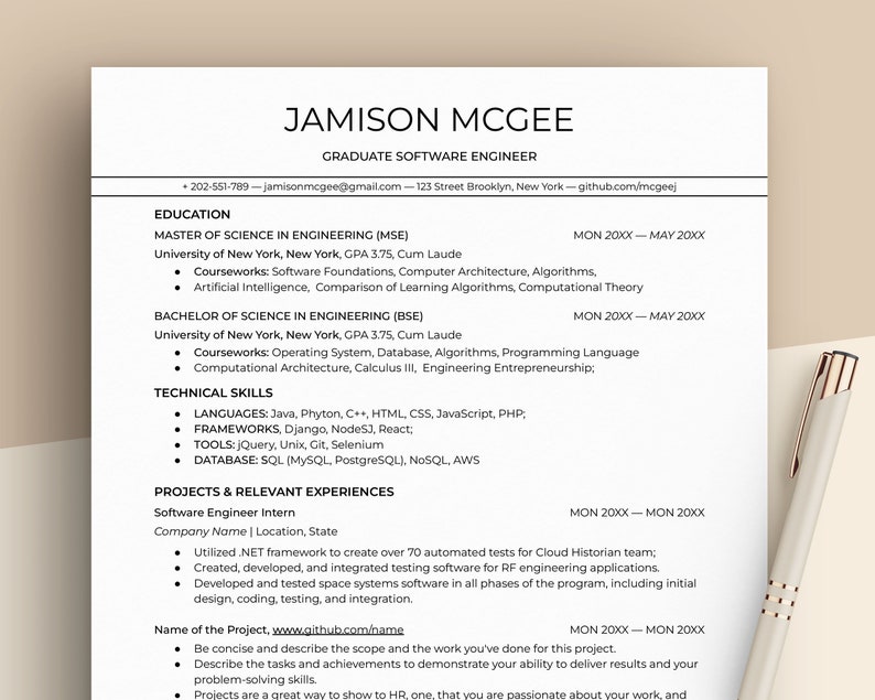 May include: A resume for Jamison McGee, a graduate software engineer. The resume lists his education, technical skills, and work experience. It includes his contact information and links to his email and GitHub profile.