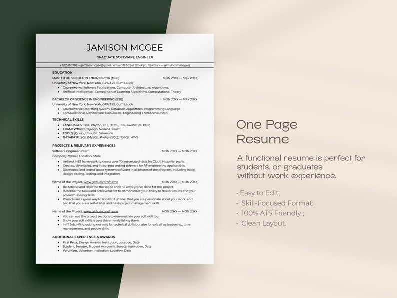 May include: A black and white resume template with the title "One Page Resume". The text describes a functional resume as perfect for students or graduates without work experience. The resume template is easy to edit, skill-focused, 100% ATS friendly, and has a clean layout.