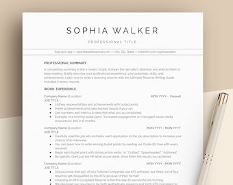 May include: A black and white resume template with the name Sophia Walker at the top. The resume includes a professional summary, work experience, and job titles. The resume is formatted with bullet points and lists key responsibilities and achievements.