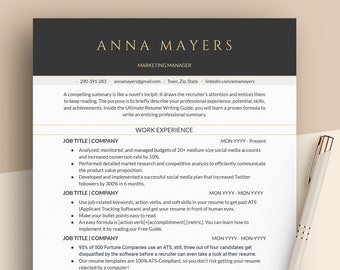 May include: A resume template with a black and gold design. The text on the resume reads "ANNA MAYERS, MARKETING MANAGER, 290-391-283, annamayers@gmail.com, Town, Zip, State, linkedin.com/annamayers". The resume includes a section for work experience with job titles, company names, and dates of employment. The resume also includes a section for skills and achievements.