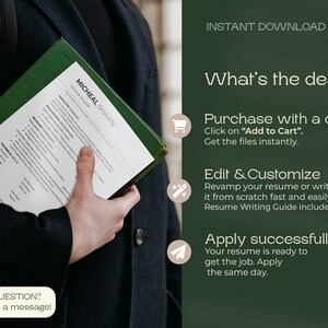 Puede incluir: Una persona sosteniendo un curr&iacute;culum con el texto "MICHEAL SHAWN COLLEGE STUDENT" en la portada. El texto "INSTANT DOWNLOAD" est&aacute; en la parte superior de la imagen. El texto "What's the deal?" est&aacute; en un tama&ntilde;o de fuente m&aacute;s grande. Debajo del texto, hay tres iconos con texto: un icono de carrito de compras con el texto "Purchase with a click", un icono de l&aacute;piz y pincel con el texto "Edit & Customize", y un icono de avi&oacute;n de papel con el texto "Apply successfully".