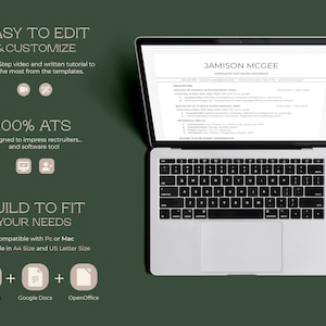 May include: A laptop computer displaying a resume template with the text "JAMISON MCGEE GRADUATE SOFTWARE ENGINEER". The resume template is designed to be easy to edit and customize. The text "100% ATS" is displayed on the left side of the image, indicating that the resume template is designed to be ATS-compliant. The text "BUILD TO FIT YOUR NEEDS" is also displayed on the left side of the image, indicating that the resume template is compatible with different file formats and sizes.