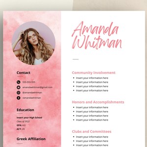 Sorority Resume Template, Sorority Resume Template with Photo, Social Resume, Rush Resume Template, Sorority Recruitment, Rush Resume, Canva