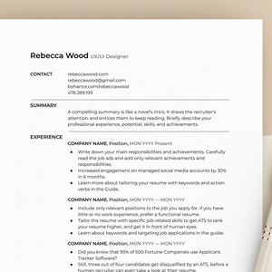 May include: A resume template with the title "Rebecca Wood UX/UI Designer" and contact information. The resume includes a summary section, experience section, and a list of bullet points with tips for writing a resume.