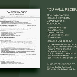 May include: A resume template package for job seekers. The package includes a one-page resume template, cover letter, references, and a resume success kit. The resume success kit includes a resume writing guide, power word and skills list, resume writing checklist, templates instruction, video tutorial, job application tracker, and icon pack. The package also includes 12 high-quality job search affirmation cards ready to print.