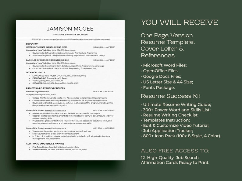 May include: A resume template package for job seekers. The package includes a one-page resume template, cover letter, references, and a resume success kit. The resume success kit includes a resume writing guide, power word and skills list, resume writing checklist, templates instruction, video tutorial, job application tracker, and icon pack. The package also includes 12 high-quality job search affirmation cards ready to print.