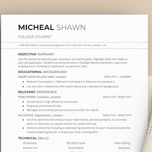 College Resume Template, Student Resume, High School Resume, First Job Resume,  Guy College Student Resume, No Experience Resume Template