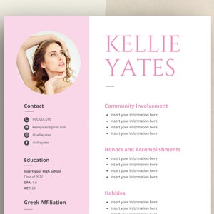 Pink Sorority Resume Template, Sorority Resume Template with Photo, Social Resume, Rush Resume Template, Sorority Recruitment, Pink, Canva