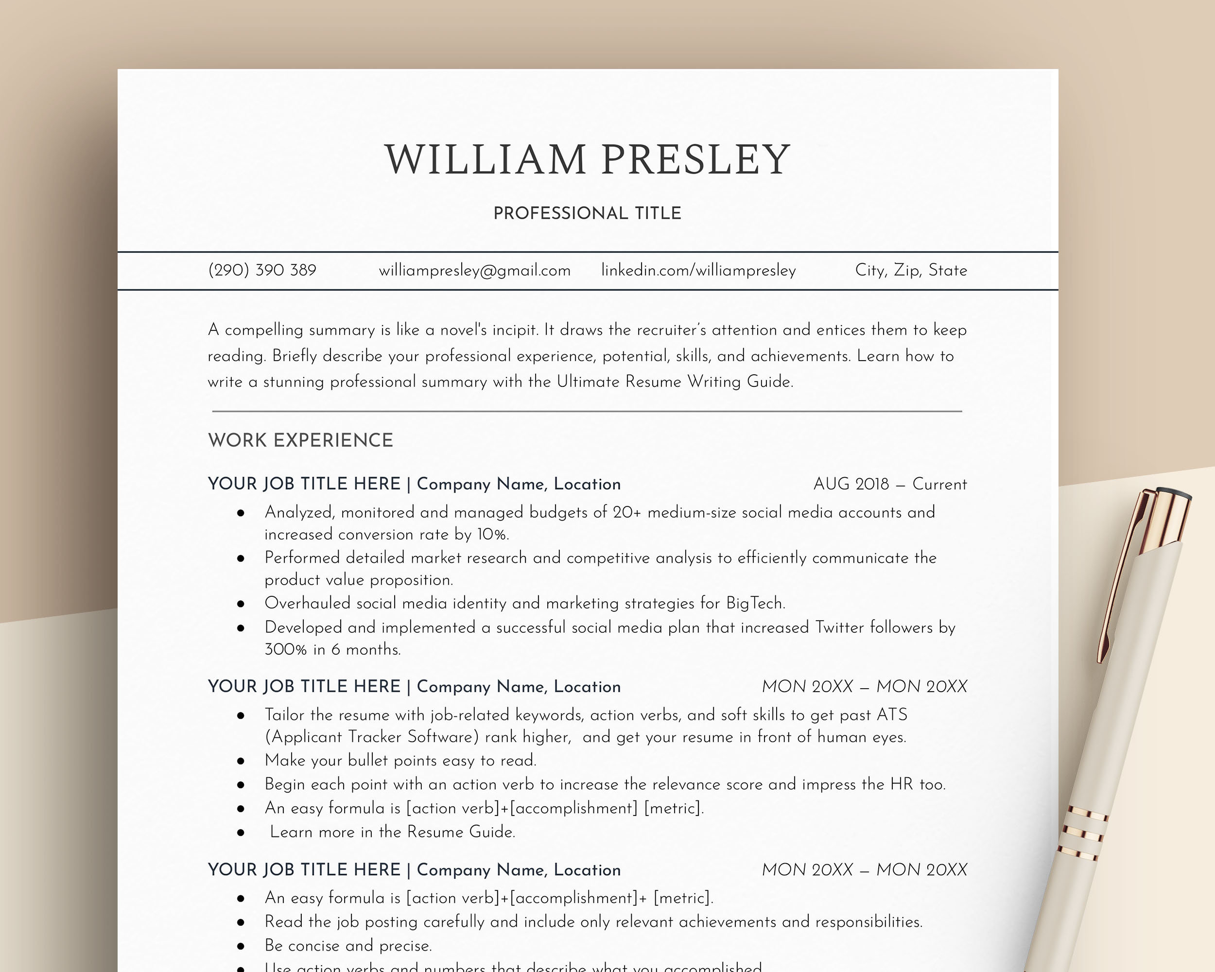 ATS Professional Resume Template for Word, Google Docs Resume Template | CV  Minimalist Resume Template for Men, CV Design, Lebenslauf - Etsy, image size:2500x2000
