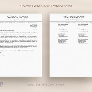 May include: A black and white cover letter and references template for a job application. The template includes a cover letter section with a sample letter and a references section with a list of references.