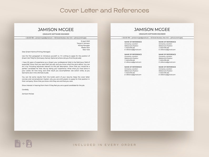 May include: A black and white cover letter and references template for a job application. The template includes a cover letter section with a sample letter and a references section with a list of references.