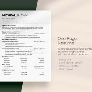 Puede incluir: Una plantilla de curr&iacute;culum en blanco y negro con el t&iacute;tulo "One Page Resume". El texto describe un curr&iacute;culum funcional como perfecto para estudiantes o graduados sin experiencia laboral. La plantilla de curr&iacute;culum es f&aacute;cil de editar, centrada en las habilidades, 100 % compatible con ATS y tiene un dise&ntilde;o limpio.