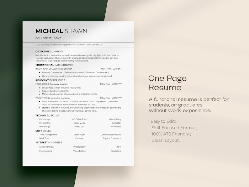 Puede incluir: Una plantilla de curr&iacute;culum en blanco y negro con el t&iacute;tulo "One Page Resume". El texto describe un curr&iacute;culum funcional como perfecto para estudiantes o graduados sin experiencia laboral. La plantilla de curr&iacute;culum es f&aacute;cil de editar, centrada en las habilidades, 100 % compatible con ATS y tiene un dise&ntilde;o limpio.