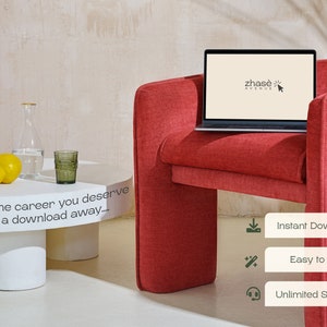 Puede incluir: Un sill&oacute;n rojo con un port&aacute;til encima. La pantalla del port&aacute;til muestra el texto "zhas&egrave; AVENUE". El sill&oacute;n est&aacute; delante de una mesa de caf&eacute; blanca con una fruta de membrillo amarilla y un vaso de agua. El texto "The career you deserve is a download away..." est&aacute; en la mesa de caf&eacute;. Hay tres botones debajo del sill&oacute;n, etiquetados como "Descarga instant&aacute;nea", "F&aacute;cil de editar" y "Soporte ilimitado".