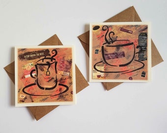 Coffee and/or Tea Lover Note Cards, Robert Rauschenberg inspired blank greeting cards with Kraft envelope, Square Notecards, Gift card set