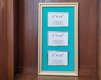 Vintage Recycled Gold and Aqua Green Picture Frame with Three 5" x 3.5" Openings, Collage Wall Art, Eclectic Home Decor