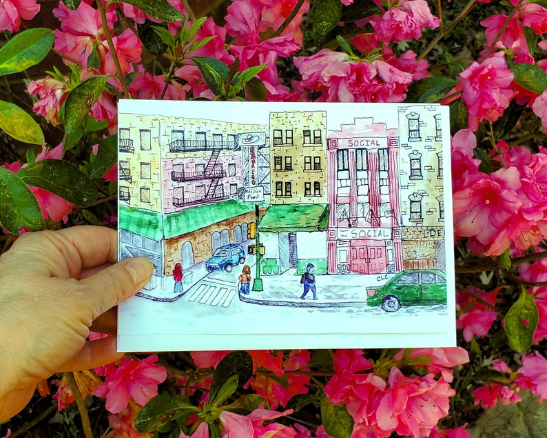 New York City Urban Sketching Greeting Card Set, NYC Cityscape Scenes, 5 x 7 Blank Cards suitable for framing 48th & 8th Ave