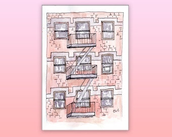 Fire Escape Architecture Art Decor, New York City Cityscape Apartment Building, Urban Sketching Watercolor Print Matted and Framed