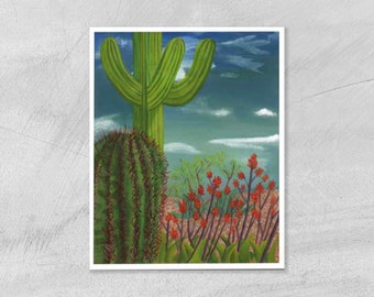 Southwest Cactus Art Print, Western Cacti wall art, Saguaro Cactus, Red Yucca Plant, Barrel Cactus, Southwestern Art Giclee