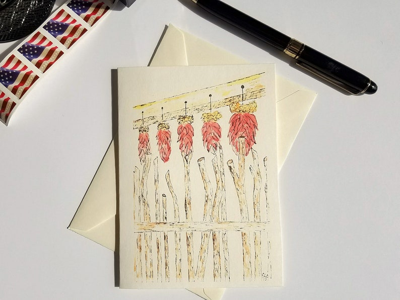 Red Chili Ristras Greeting Card, Madrid New Mexico Ristras Notecard, Southwestern NM Art, Set of 4