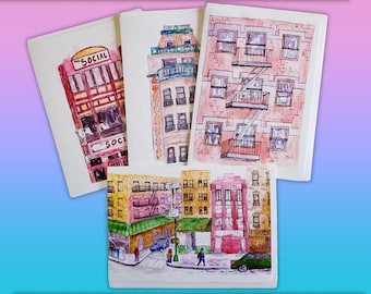 New York City Urban Sketching Greeting Card Set, NYC Cityscape Scenes, 5" x 7" Blank Cards suitable for framing