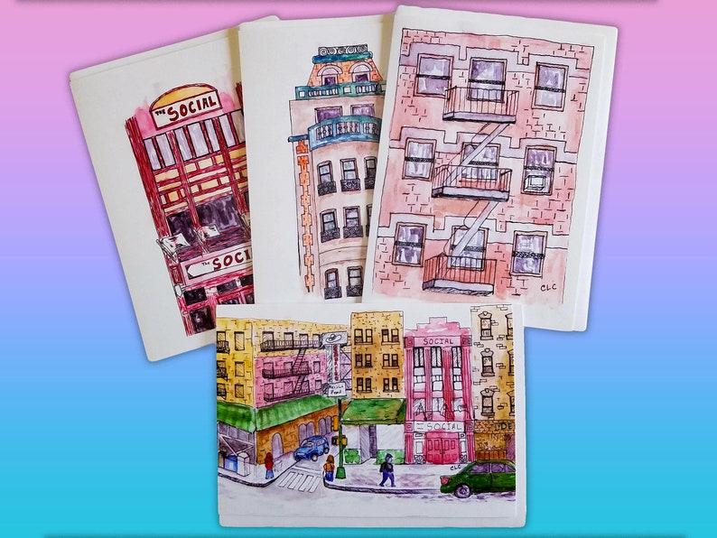 New York City Urban Sketching Greeting Card Set, NYC Cityscape Scenes, 5 x 7 Blank Cards suitable for framing Combo Set of 4