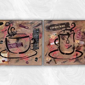 Original Coffee Tea Mixed Media Canvas Set inspired by American painter and graphic artist Robert Rauschenberg image 3