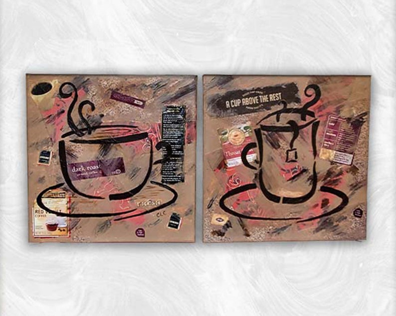 Original Coffee Tea Mixed Media Canvas Set inspired by American painter and graphic artist Robert Rauschenberg image 3