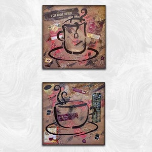 Original Coffee Tea Mixed Media Canvas Set inspired by American painter and graphic artist Robert Rauschenberg image 1