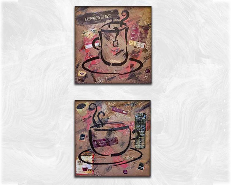 Original Coffee Tea Mixed Media Canvas Set inspired by American painter and graphic artist Robert Rauschenberg image 1