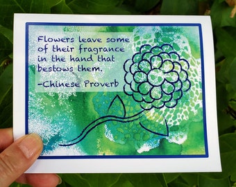 Chinese Proverb Appreciation Note Card, Thank You Card Gift Set, Encouragement Notecard with Abstract Hydrangea Flower, Blank Any Occasion