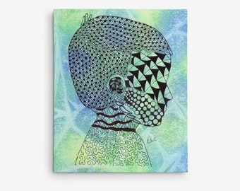 Boho Pen and Ink Zentangle Child Profile on Canvas, 8" x 10" x 1.5" Gallery Wrapped Giclee Print Stretched and Mounted