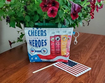 Upcycled Cheers to Heros Ice Drink Zipper Bag,  Blue and Red Striped Duct Tape Wallet Purse Pouch