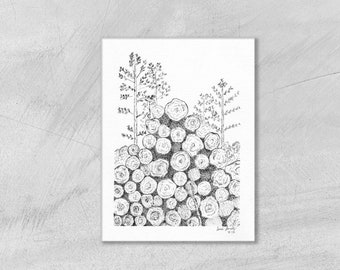 Pen and Ink Pine Tree Log Harvest Wall Art, Fine Art Giclee Framed and/or Matted Prints