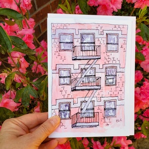 New York City Urban Sketching Greeting Card Set, NYC Cityscape Scenes, 5 x 7 Blank Cards suitable for framing Fire Escape