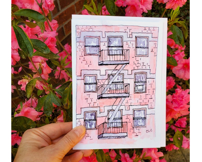 New York City Urban Sketching Greeting Card Set, NYC Cityscape Scenes, 5 x 7 Blank Cards suitable for framing Fire Escape