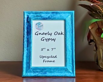 Upcycled 5" x 7" wood frame decoupaged blue colored tissue paper, Tabletop or Wall Mount Picture Frame, Boho decor