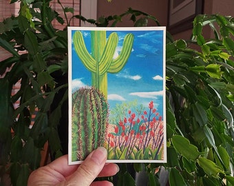 Southwest Saguaro Cactus Blank Greeting Card, Southwestern Card Gift Set, Barrel Cactus Landscape Note Card, Western Red Yucca Plant