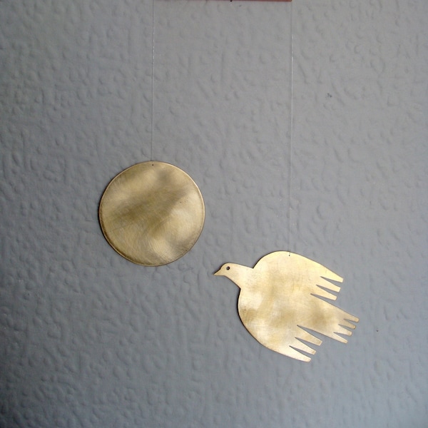 kinetic sculpture, brass mobile, wall hung sculpture