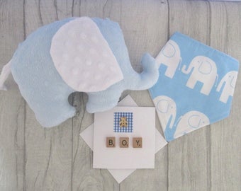 Baby Boy Gift, Softie Elephant, Bandana Bib, Dribble Bib, Baby Shower Gift, Newborn gift and Card, New Mum Gift, Baby Gift, Nursery Gift