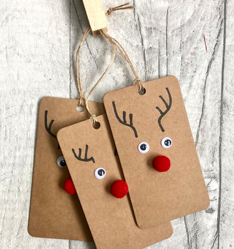 5 Handmade Christmas Gift Tags Reindeer Tag Present Tag Xmas Tag Gift Tag Cute Tag Xmas Hanging Tag Rudolph Tag image 6