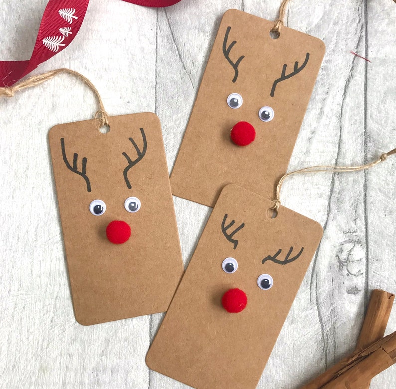 5 Handmade Christmas Gift Tags Reindeer Tag Present Tag Xmas Tag Gift Tag Cute Tag Xmas Hanging Tag Rudolph Tag image 4