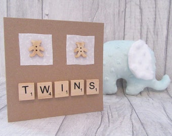 Twins Card, New Baby Card, Newborn Card, New Arrival Card, Handmade Baby Card, Birth Card, Teddy Baby Card, Bear Baby Card