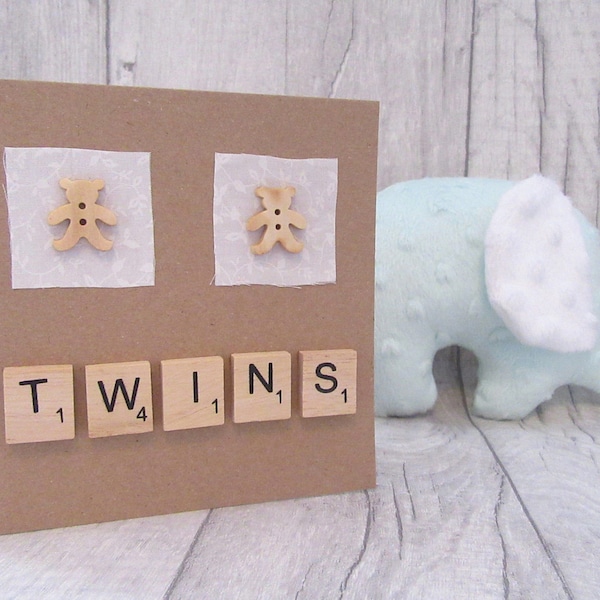 Twins Card, New Baby Card, Newborn Card, New Arrival Card, Handmade Baby Card, Birth Card, Teddy Baby Card, Bear Baby Card
