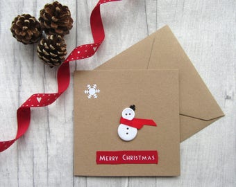 Cartes de Noël faites main de bonhomme de neige, carte de vacances Noël Carte festive Carte festive Carte de Noël Carte Kraft Carte Kraft Button Card