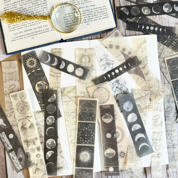 Vintage Space Stickers Strips Pack, 40 pcs Celestial Moon Phase Washi Tape, Junk Journal, Scrapbook Supplies, Witchy Astrology Planner